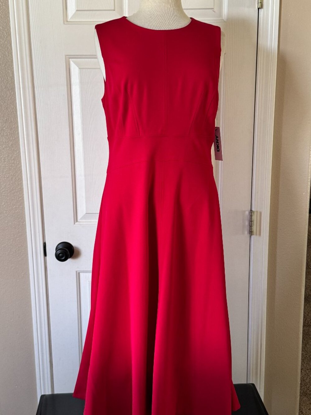 DKNY Sleeveless Jewel Neck Fit and Flare Scuba Crepe Midi Dress Scarlet 12